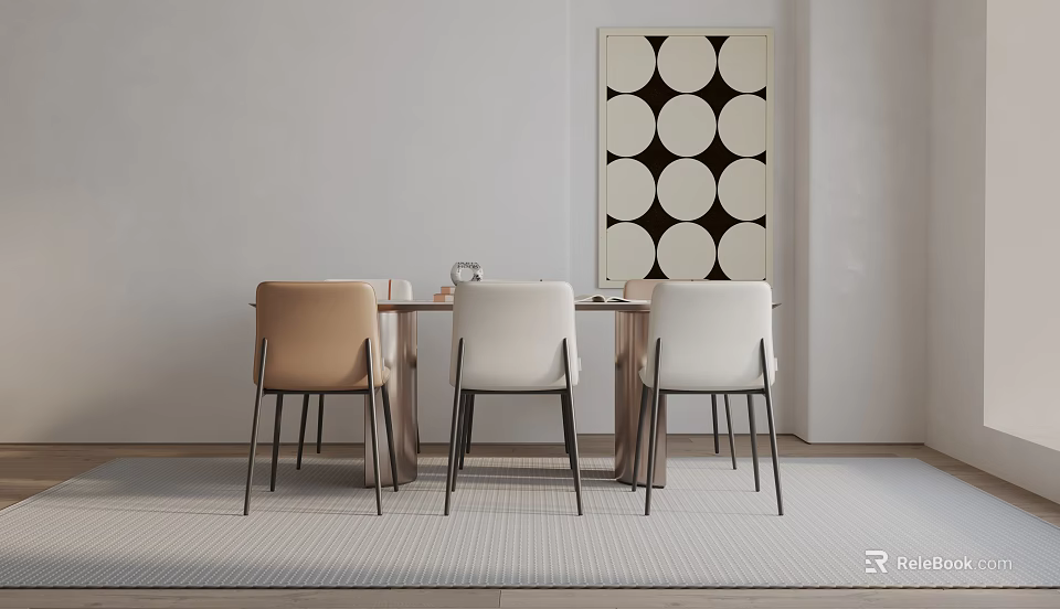 Modern Minimalist Dining Table Set With Beige White Chairs And Circular Pattern Wall Art 3d model