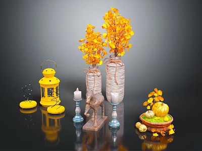 Decorative Ornament Set With Yellow Leaf Plants Vases Lanterns Candles And Pumpkin Decor 3d model