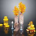 Decorative Ornament Set With Yellow Leaf Plants Vases Lanterns Candles And Pumpkin Decor