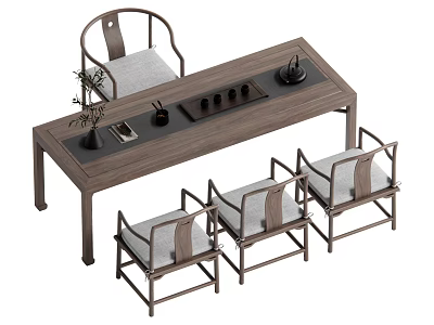 Traditional Chinese Wooden Tea Table Set With Four Chairs Gray Cushions And Tea Accessories 3d model