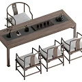 Traditional Chinese Wooden Tea Table Set With Four Chairs Gray Cushions And Tea Accessories