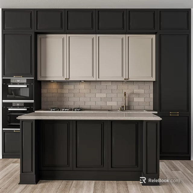 Modern Kitchen Featuring Black And Light Gray Cabinets With Marble Countertop And Oven 3d model 