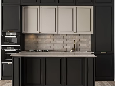 Modern Kitchen Featuring Black And Light Gray Cabinets With Marble Countertop And Oven 3d model