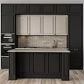 Modern Kitchen Featuring Black And Light Gray Cabinets With Marble Countertop And Oven