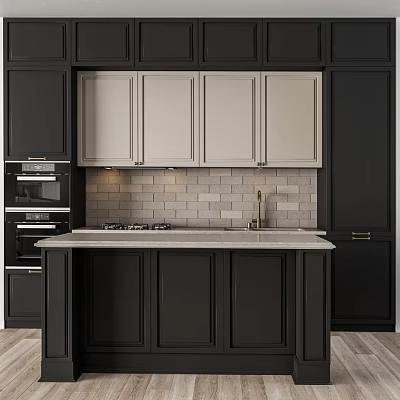 Modern Kitchen Featuring Black And Light Gray Cabinets With Marble Countertop And Oven 3d model