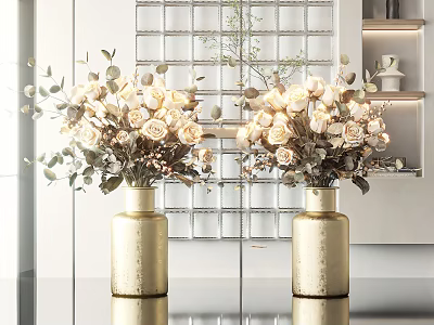 Golden Vases With White Roses And Green Leaves In Modern Interior Decor 3d model