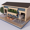 Cozy Wooden Dog House With Green Plants Bowls Striped Mat And Playful Dog