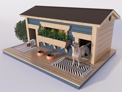 Cozy Wooden Dog House With Green Plants Bowls Striped Mat And Playful Dog 3d model