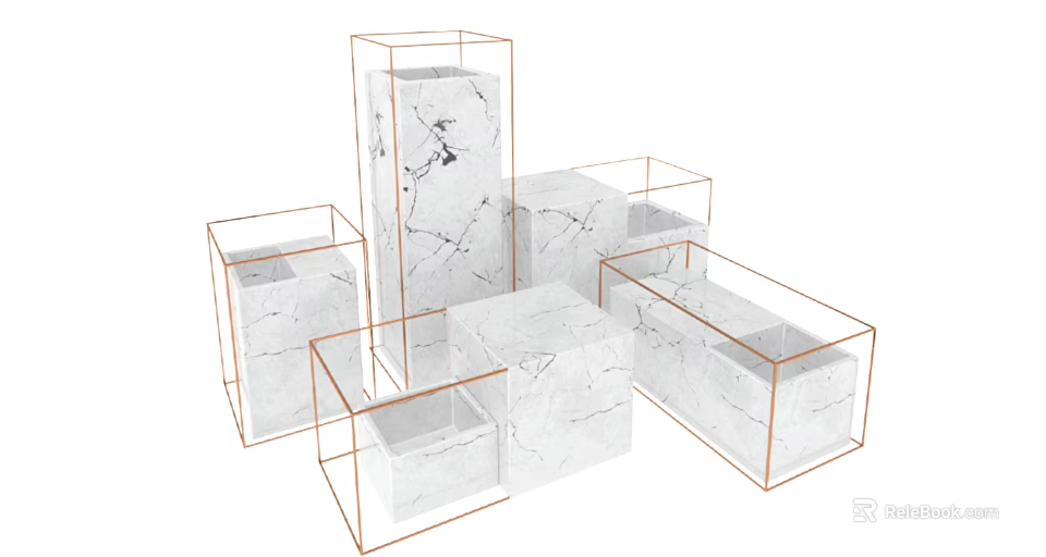 Bonsai Potted Plants Showcased On White Marble Stands With Copper Frames Various Heights And Shapes 3d model 