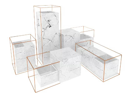 Bonsai Potted Plants Showcased On White Marble Stands With Copper Frames Various Heights And Shapes 3d model