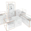 Bonsai Potted Plants Showcased On White Marble Stands With Copper Frames Various Heights And Shapes