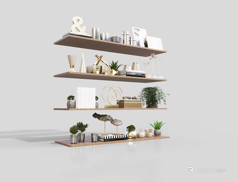 Modern Minimalist Decorative Ornament Arrangement With Plants Books And Art Pieces On Floating Shelves 3d model 