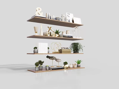 Modern Minimalist Decorative Ornament Arrangement With Plants Books And Art Pieces On Floating Shelves 3d model