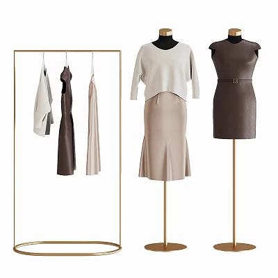Fashionable Clothes On Golden Hanger And Mannequins With Top Skirt Dress In Light Dark Colors 3d model