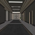 Hotel Corridor With Doors On Both Sides Dark Carpet Ceiling Lights And Potted Plant