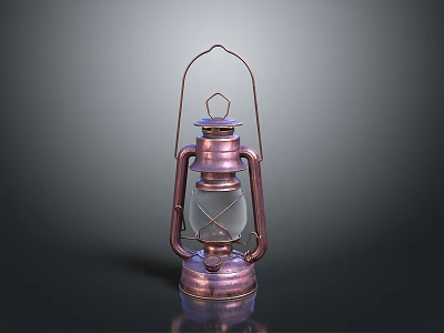 Vintage Kerosene Lamp With Copper Finish Metal Frame And Glass Shade On Dark Background 3d model
