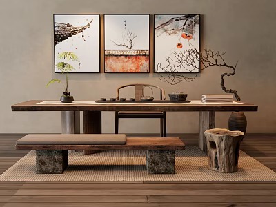 Traditional Chinese Tea Table And Chairs With Wall Paintings Tea Sets And Wooden Decor 3d model