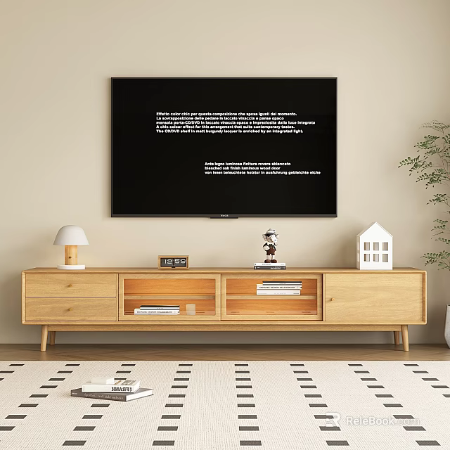 Natural Wooden TV Stand with Drawers Open Shelves Table Lamp Clock Figurine and Books 3d model 