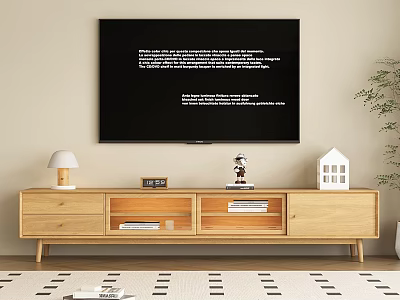 Natural Wooden TV Stand with Drawers Open Shelves Table Lamp Clock Figurine and Books 3d model
