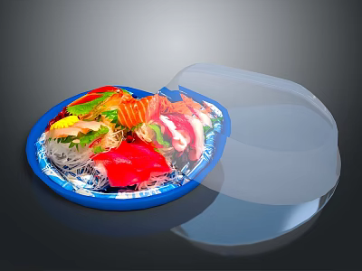 Fresh Sashimi Platter with Colorful Seafood and Vegetables on Blue Plate with Transparent Cover 3d model