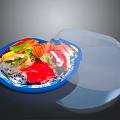 Fresh Sashimi Platter with Colorful Seafood and Vegetables on Blue Plate with Transparent Cover