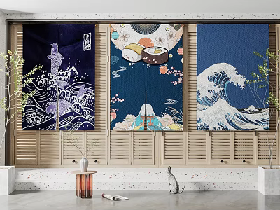 Japanese Style Kitchen Curtain With Wave Pattern And Cherry Blossom Design 3d model