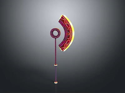 Decorative Polearm With Red Yellow Patterns Circular Ring And Long Handle 3d model