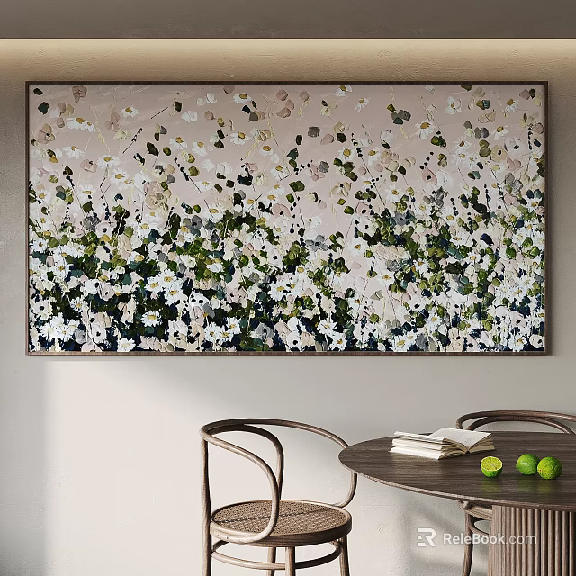 Vibrant Floral Painting On Light Wall With Wooden Table And Chairs 3d model 