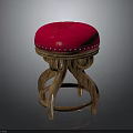 Traditional Wooden Stool With Red Padded Seat And Decorative Studs On Curved Legs