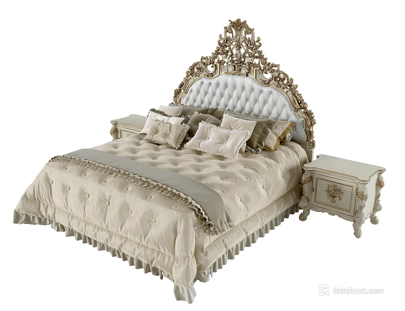 Luxurious Double Bed With Ornate Carved Headboard Plush Pillows And Matching Nightstands 3d model 
