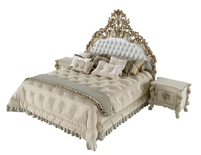 Luxurious Double Bed With Ornate Carved Headboard Plush Pillows And Matching Nightstands 3d model