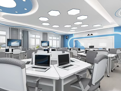 School Modern Classroom Featuring Computers White Desks Chairs Blue Walls Hexagonal Lights 3d model