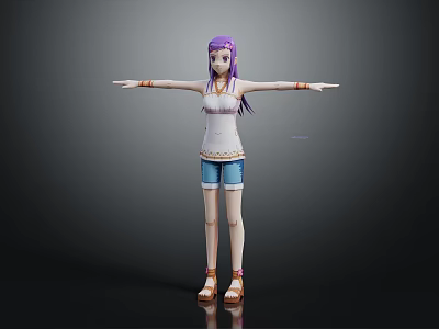 Anime Style 3D Female Character With Purple Hair White Tank Top Blue Denim Shorts And Brown Sandals 3d model