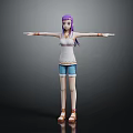 Anime Style 3D Female Character With Purple Hair White Tank Top Blue Denim Shorts And Brown Sandals