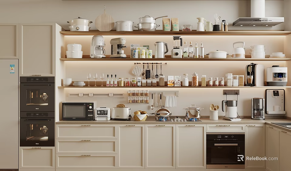 Organized Modern Kitchen With Shelves Countertop And Various Kitchen Appliances 3d model 