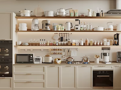 Organized Modern Kitchen With Shelves Countertop And Various Kitchen Appliances 3d model
