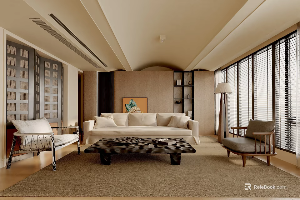 Modern Living Room Interior Design With Sofa Coffee Table Chair Area Rug And Wooden Blinds 3d model 