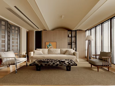 Modern Living Room Interior Design With Sofa Coffee Table Chair Area Rug And Wooden Blinds 3d model