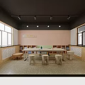 Kindergarten Learning Space With Large Wooden Table Small Stools And Children's Paintings On Wall