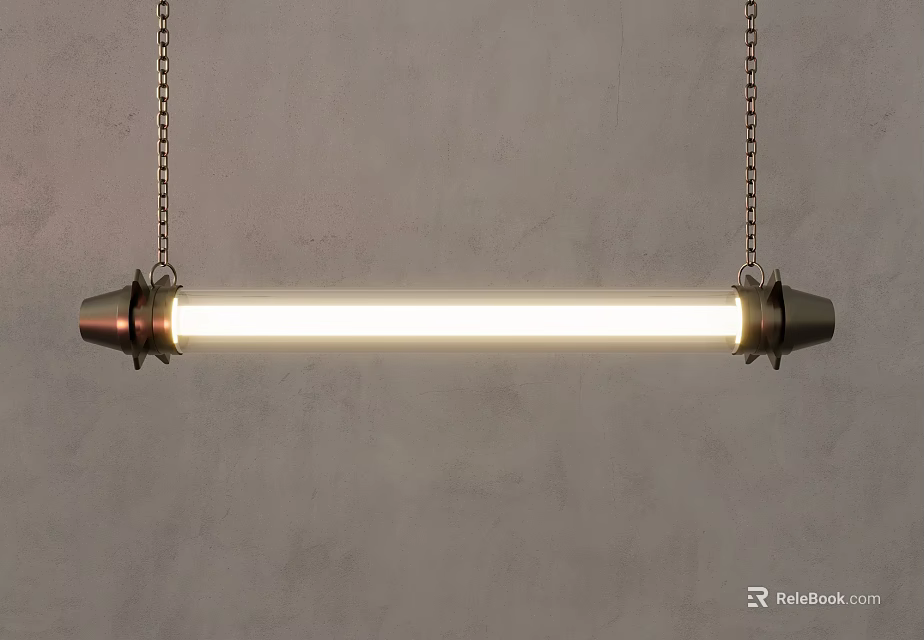 Modern Minimalist Pendant Light with Long Tube Design Hanging via Chains on Gray Wall 3d model 
