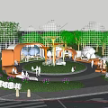 Scenic Park Landscape With Green Lawn Orange Curved Structures Mushroom Canopies And People Relaxing