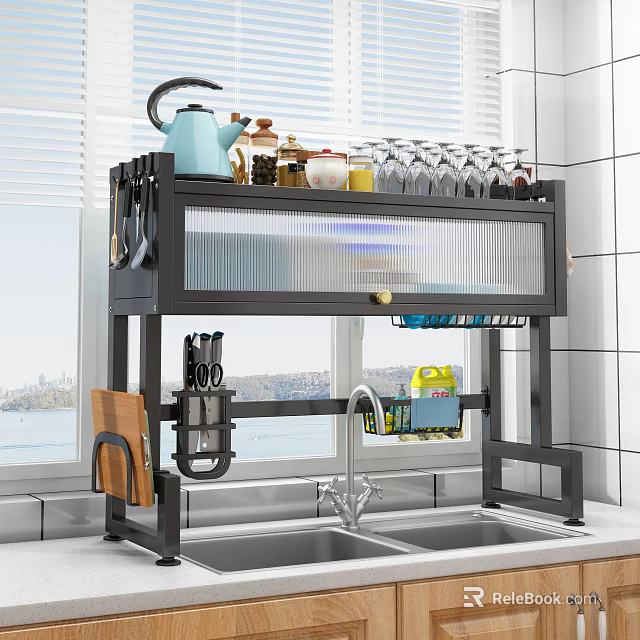Metal Kitchen Shelf Rack Above Sink With Utensils Cups And Storage Jars 3d model 