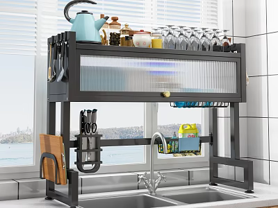 Metal Kitchen Shelf Rack Above Sink With Utensils Cups And Storage Jars 3d model