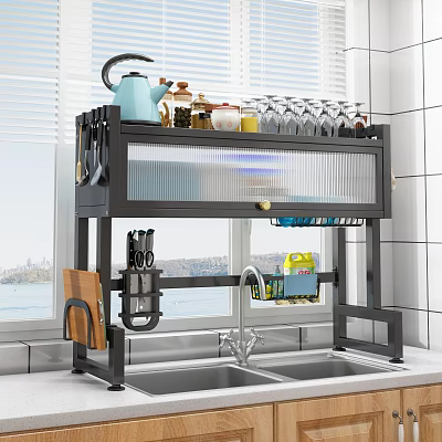 Metal Kitchen Shelf Rack Above Sink With Utensils Cups And Storage Jars 3d model