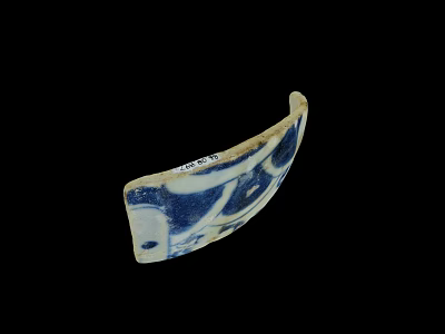 Antique Blue White Ceramic Shard With Intricate Patterns And Labeled Tag 3d model