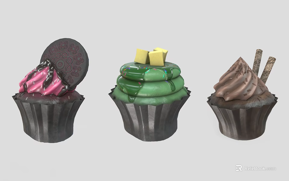 Colorful Decorative Cupcakes With Various Toppings And Creamy Frosting For Kitchen Dessert Items 3d model 