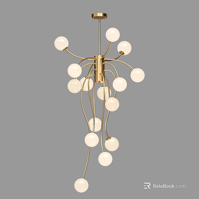 Elegant Modern Chandelier With Golden Frame And Multiple White Spherical Bulbs 3d model