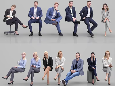 Group of Business Professionals in Formal Attire Showing Various Sitting Poses 3d model