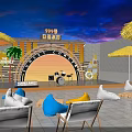 Sunset Party Outdoor Space With Stage Drums Straw Umbrellas Bean Bags And Surfboard