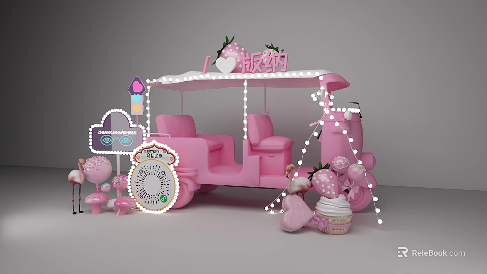 Pink Food Cart Decoration with Flamingo Cupcakes Ice Cream and String Lights 3d model 